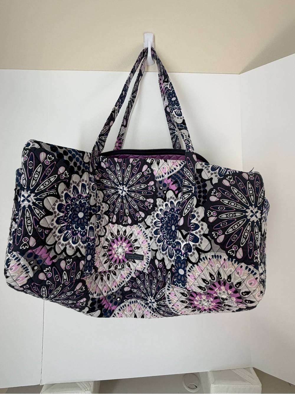 Vera Bradley Quilted Floral Medallion Tote Bag - Black, Purple, Blue and White.